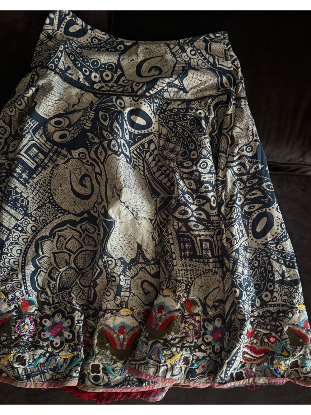 Oilily Navy and Cream Patterned A-Line Skirt with Multicolor Embroidered Hem